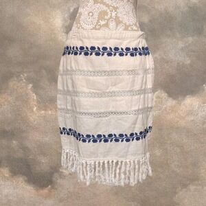 For Cynthia Boho Fringe Skirt L Beige Blue Embroidered Tassel Hem Festival Vibe